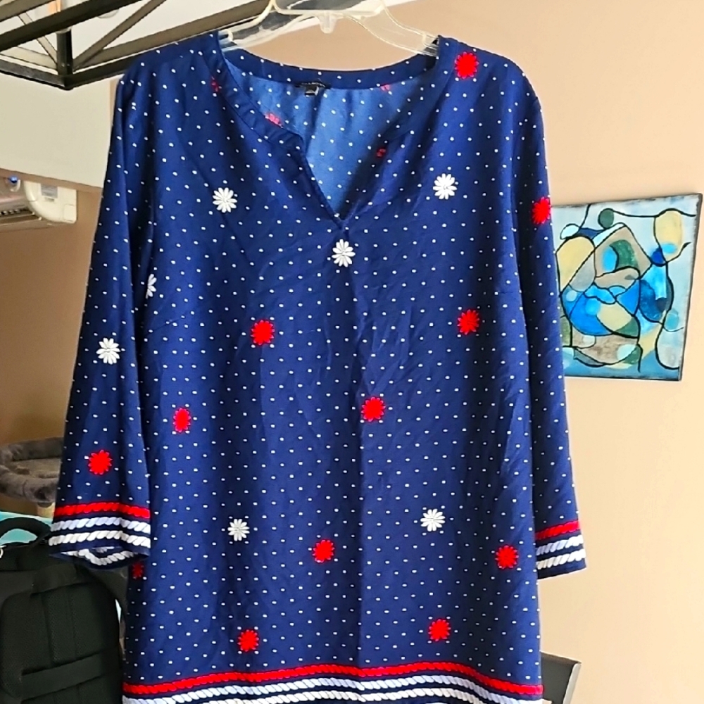 Talbots Navy Blue Blouse with Red and White Accents Size XL